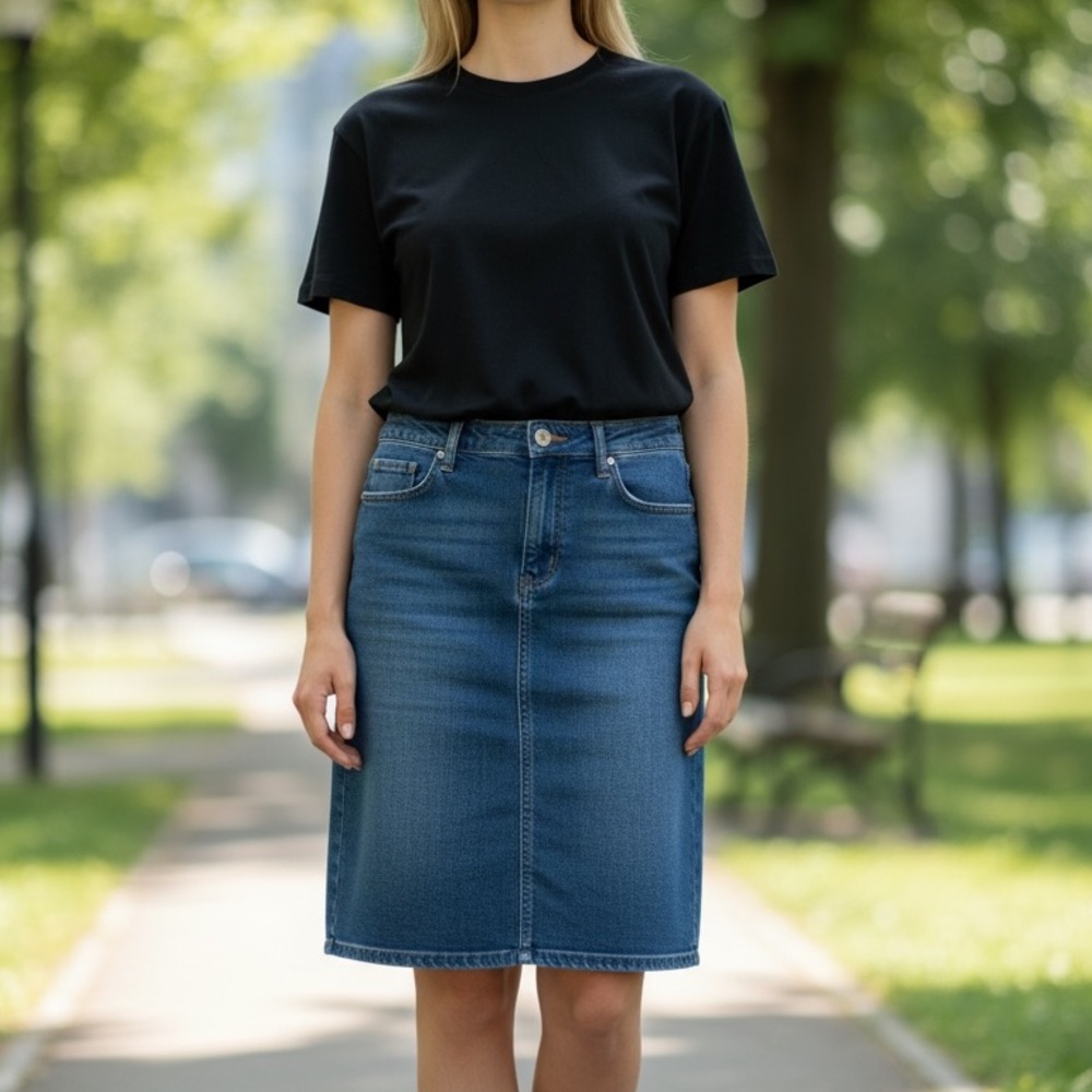 Vintage (10) SPANNER Denim Skirt Above Knee Stitch Detail Pockets Back Pleats
